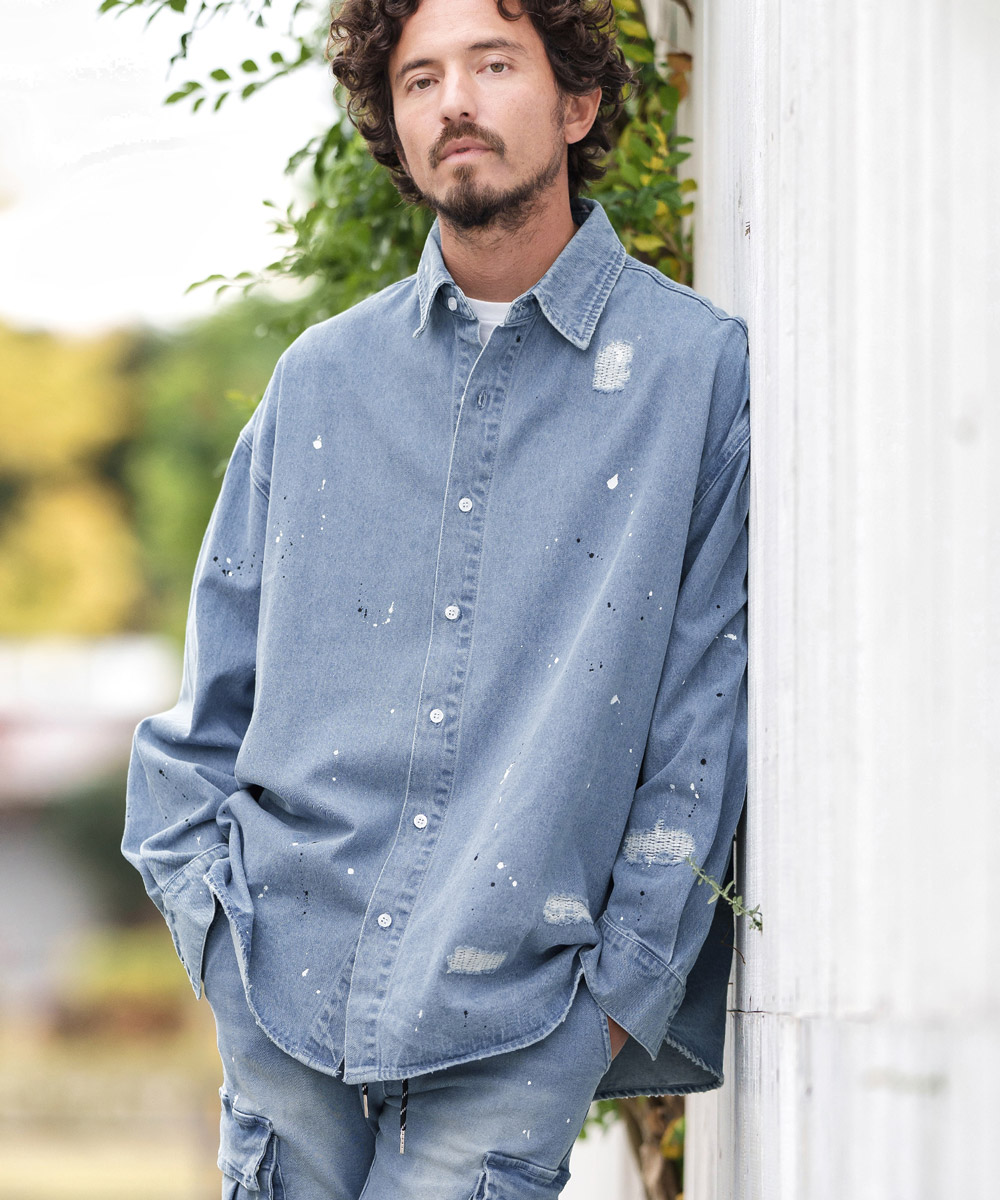 CAMBIO(カンビオ)】 Distressed Paint Loose Denim Shirts デニム 