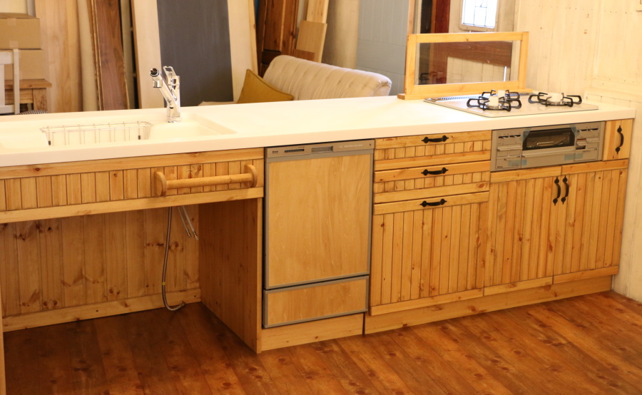 カントリー キッチン  W2700 対面型 オーダー家具 サイズ変更可能 北欧 無垢 木製 パイン材 収納 人造大理石 天板 ステンレス セラミックトップ - 39
