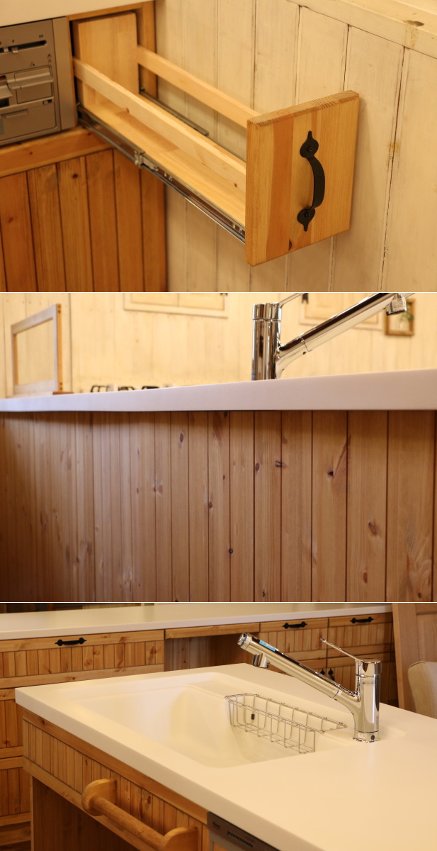 カントリー キッチン  W2700 対面型 オーダー家具 サイズ変更可能 北欧 無垢 木製 パイン材 収納 人造大理石 天板 ステンレス セラミックトップ - 36