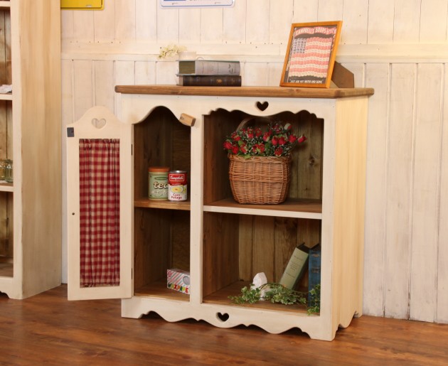 カントリー家具　木製　ハート型装飾　キャビネット NC カントリー ハート 布扉付き キッチンラック キャビネット オーダー
