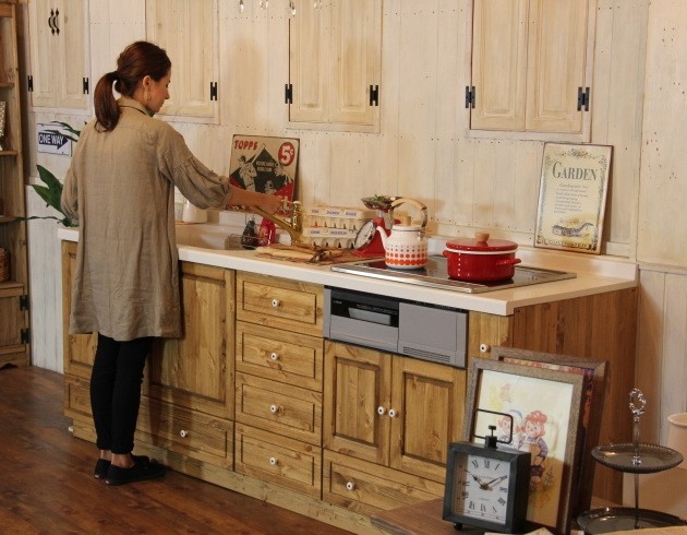 キッチン カントリー　W2250 I型 オーダー家具 サイズ変更可能 北欧 無垢 木製 パイン材 収納 人造大理石 天板 セラミック - 45