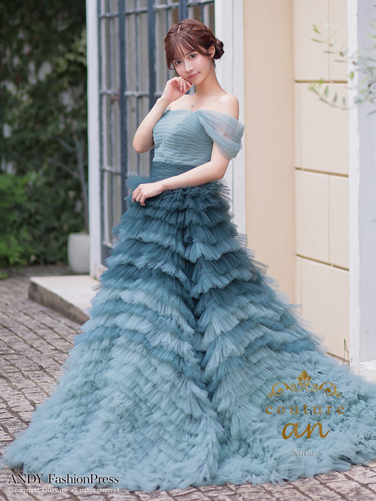 【couture an / クチュールアン】オーガンジー/ グラデーション/ ティアード/ オフショルダー/ 編み上げ/ フレア/ ロングドレス/ バースデードレス [AOC-WD-033]の画像