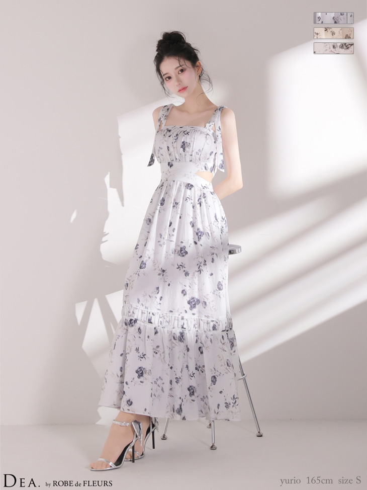 【DEA. by ROBE de FLEURS】花柄/ シフォン/ ウエストカット/ 肩リボン/ ノースリーブ/ フレア/ ロングドレス/ キャバドレス/ ワンピース [DE4653]