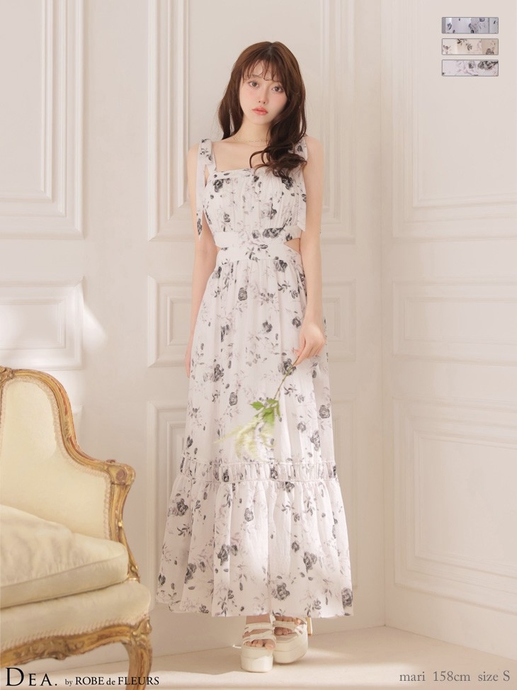 【DEA. by ROBE de FLEURS】花柄/ シフォン/ ウエストカット/ 肩リボン/ ノースリーブ/ フレア/ ロングドレス/ キャバドレス/ ワンピース [DE4653]
