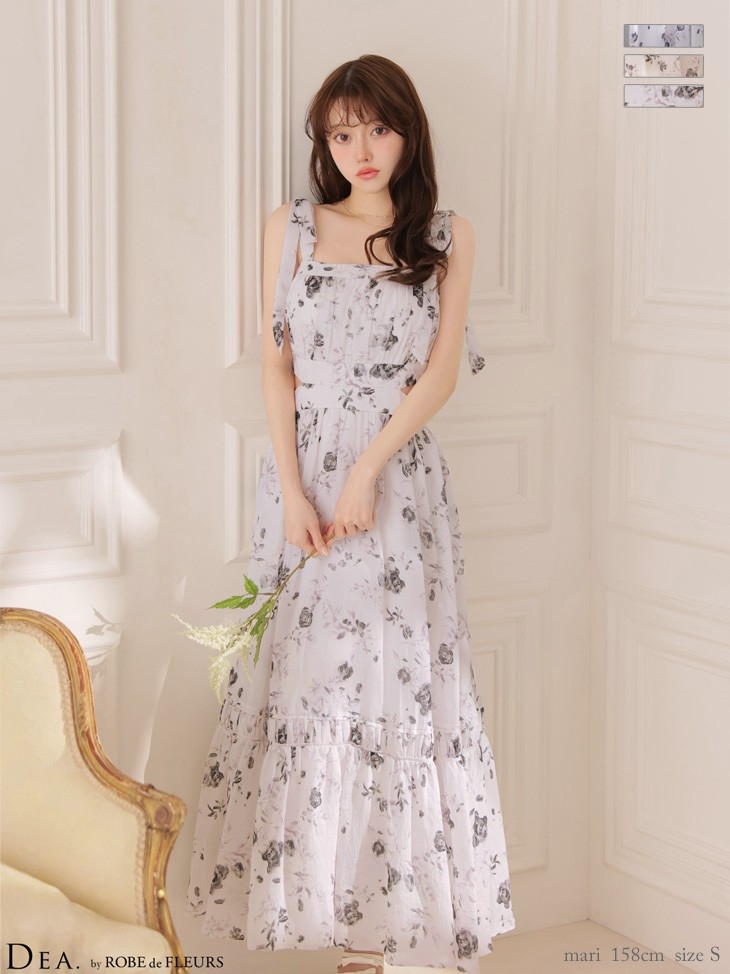 【DEA. by ROBE de FLEURS】花柄/ シフォン/ ウエストカット/ 肩リボン/ ノースリーブ/ フレア/ ロングドレス/ キャバドレス/ ワンピース [DE4653]
