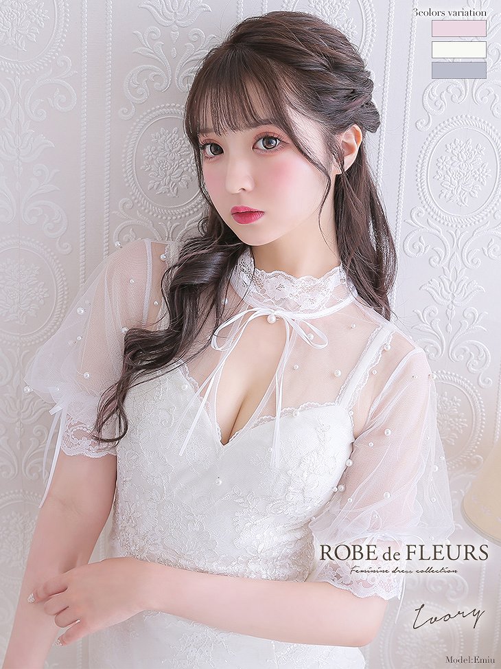 ROBE de FLEURS / ローブドフルール フラワー刺繍レース×パール織りチュールハイネックリボン半袖タイトミニドレス fm2374｜candy-dressshop｜02