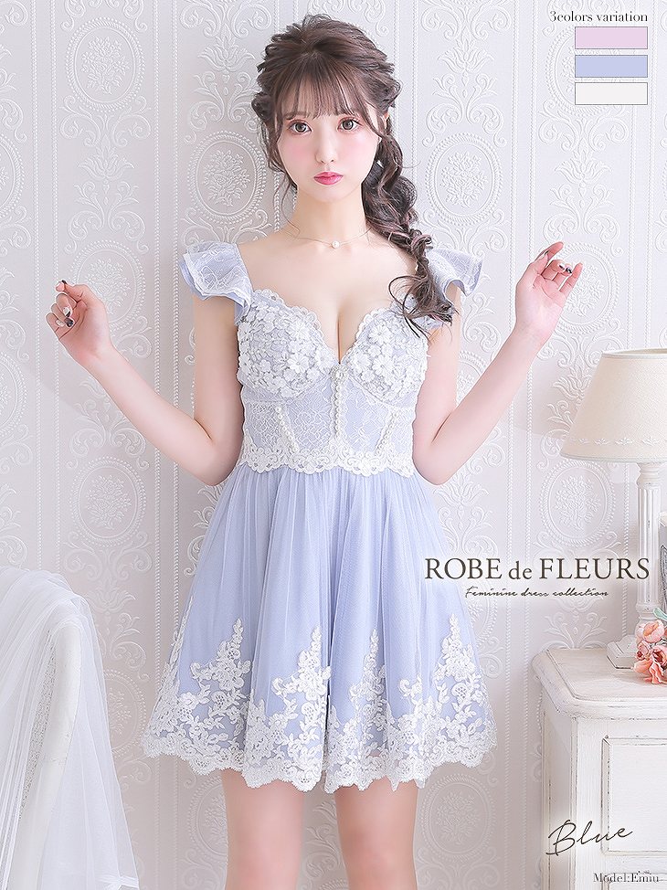 ROBE de FLEURS / ローブドフルール 立体フラワーレース×コルセット風デザインフリルスリーブフレアミニドレス fm2381 キャバドレス ワンピース Aライン