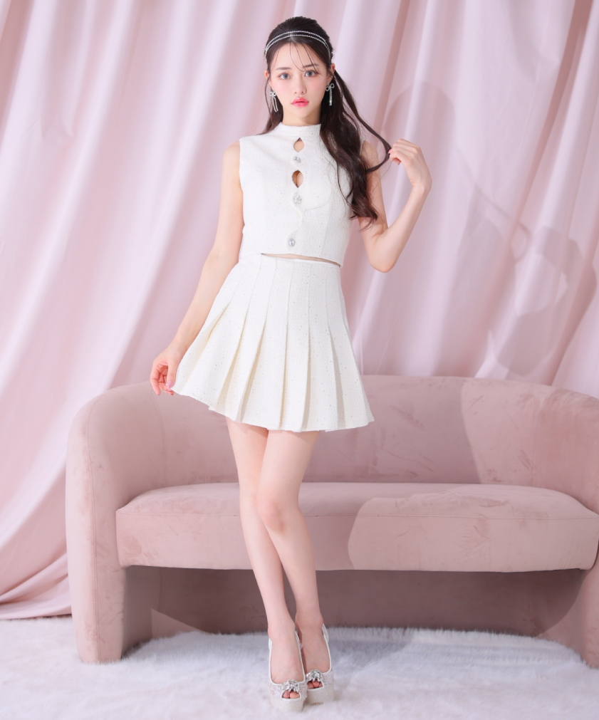 ROBE de FLEURS ツイード×ビジューセットアップミニドレス ホワイト XSサイズあり【ROBE de FLEURS/ローブドフルール】ツイード