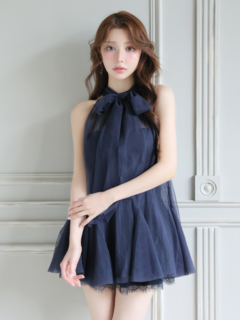 ROBE de FLEURS / ローブドフルール】チュール/ ハイネック/ リボン