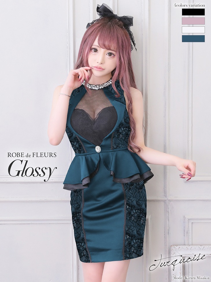 Glossy / グロッシー サテン×レースジャケット襟デザインビジューネックノースリーブペプラムミニドレス GL2345 キャバ キャバドレス ワンピース｜candy-dressshop｜04