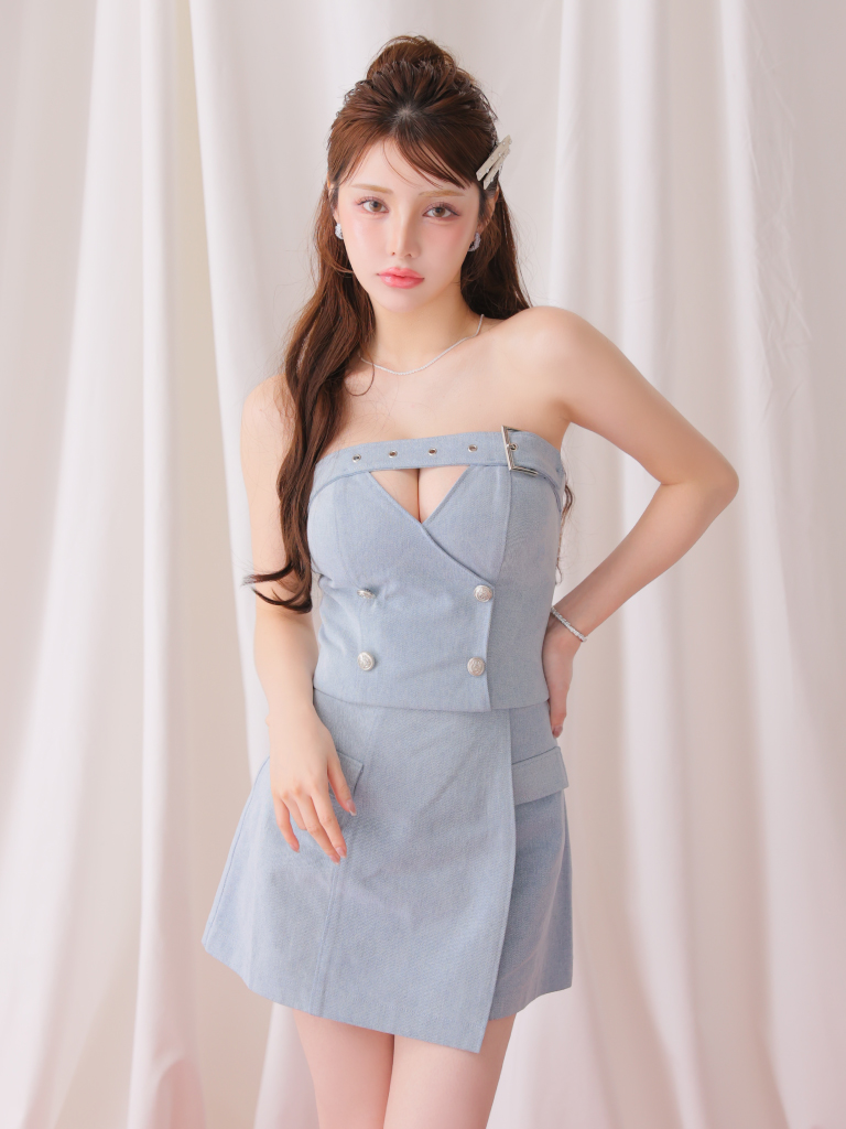 キャバドレスRobe de Fleurs Glossy 半袖ミニワンピース ROBE de FLEURS Glossy】デニム/ ボタン/ ベア/ 台形/ ラップスカート