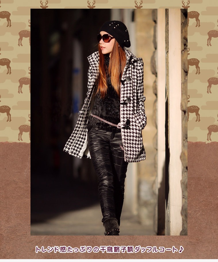 レディース 千鳥格子 ダッフルコート アウター 上着 コート ミディアム