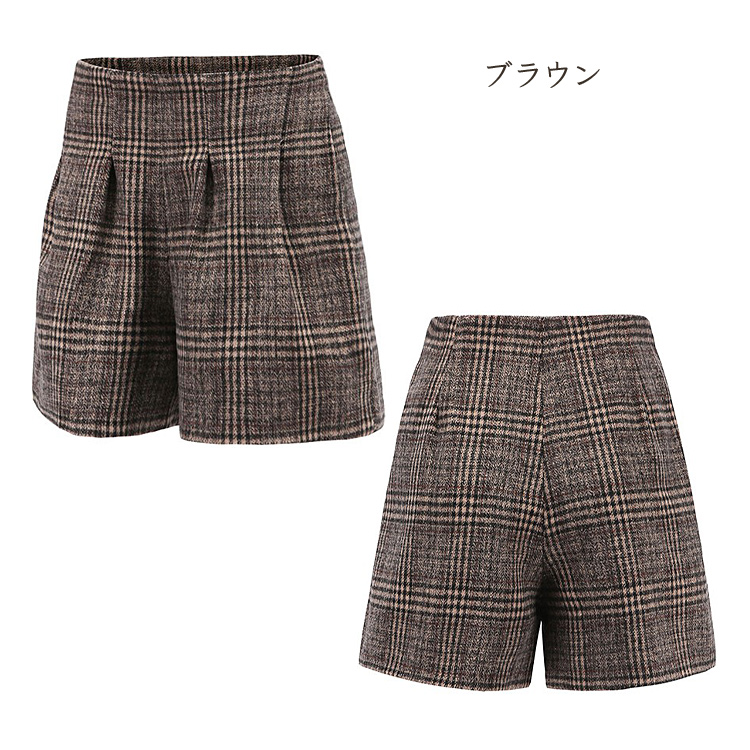 レディース ショートパンツ グレンチェック フレアパンツ ウール混