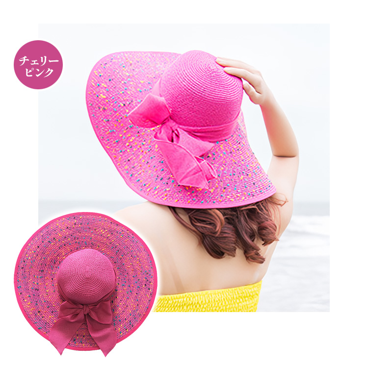 ★新品★フルラ　UV対策　リボン付き　つば広麦わら帽子　女優帽　ピンク　手洗い可 ☆新品☆フルラ UV対策 リボン付き つば広麦わら帽子 女優帽