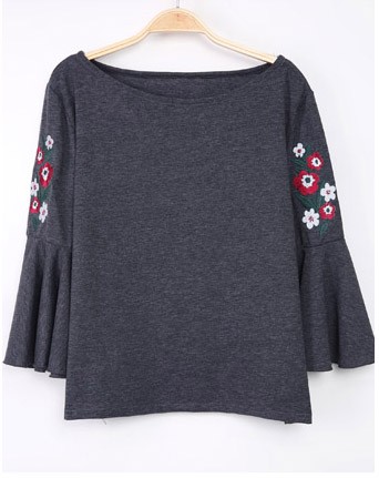 花柄刺繍フレアスリーブ長袖トップス NILWAY（ニルウェイ）の「花柄 デザイン フレアスリーブフラワー