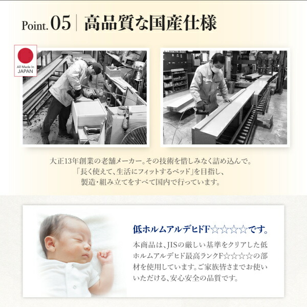 お客様組立 棚・コンセント付国産大型サイズ跳ね上げ収納ベッド 薄型プレミアムポケットコイルマットレス付き 縦開き クイーン(SS×2)_9