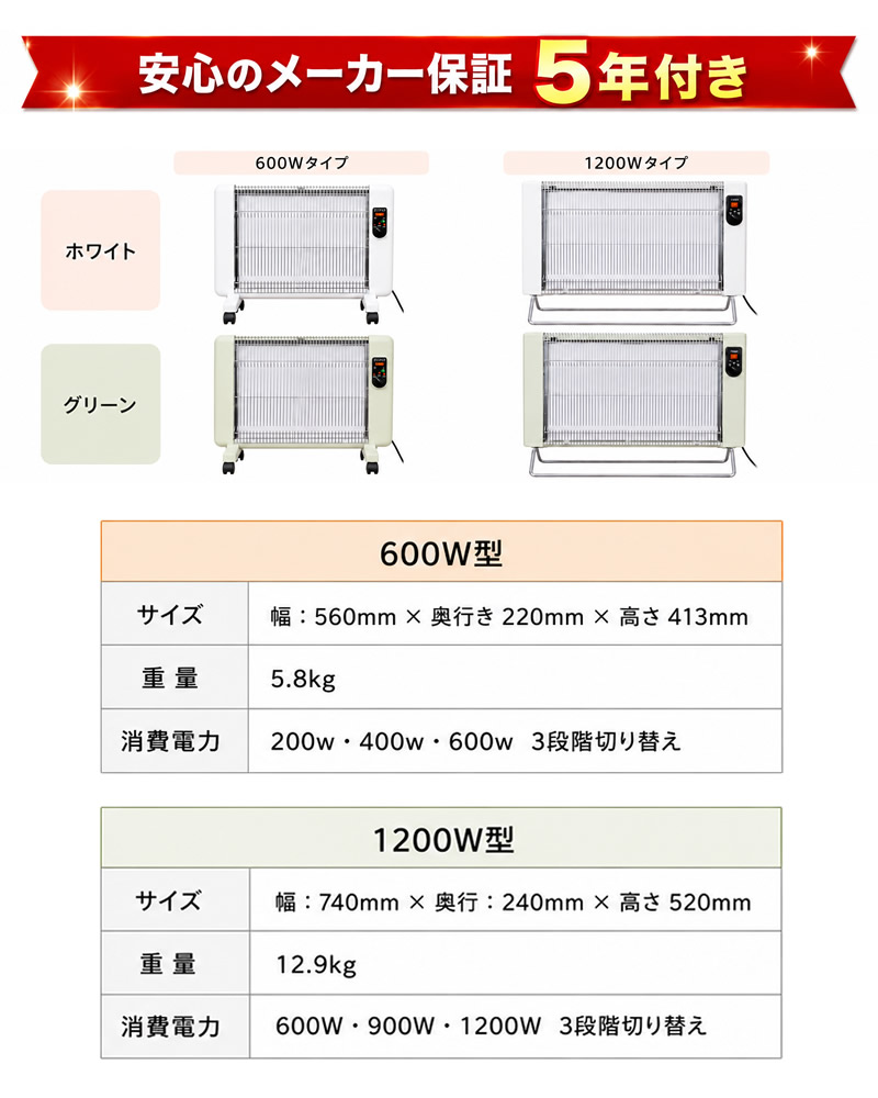 サンラメラ 5年保証 遠赤外線輻射式暖房機 600W (送料無料) 日本製 遠