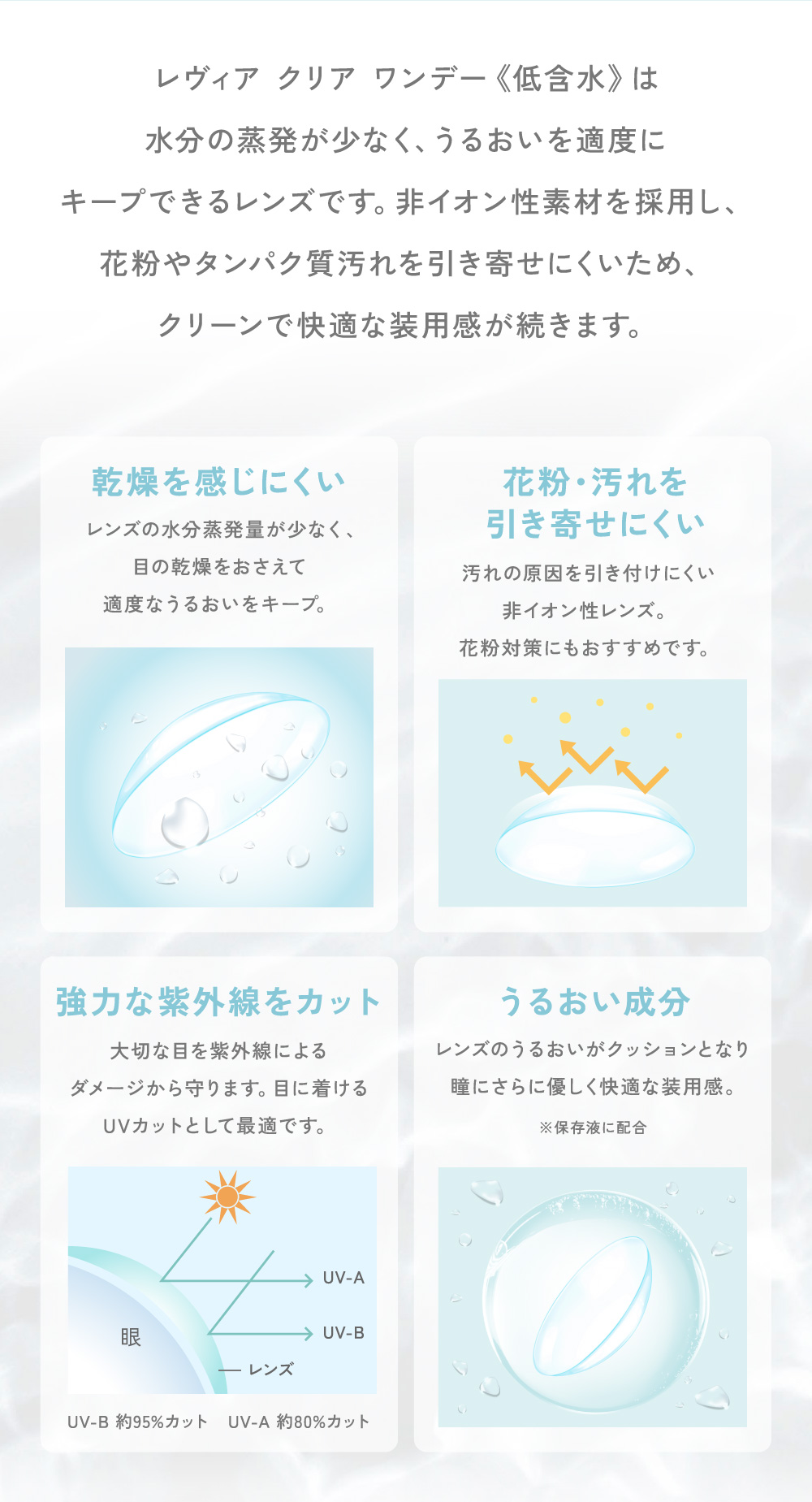 レヴィア クリア ワンデー 《低含水》は、水分の蒸発が少なく、うるおいを適度にキープできるレンズです。非イオン性素材を採用し、花粉やタンパク質汚れを引き寄せにくいため、クリーンで快適な装用感が続きます。
