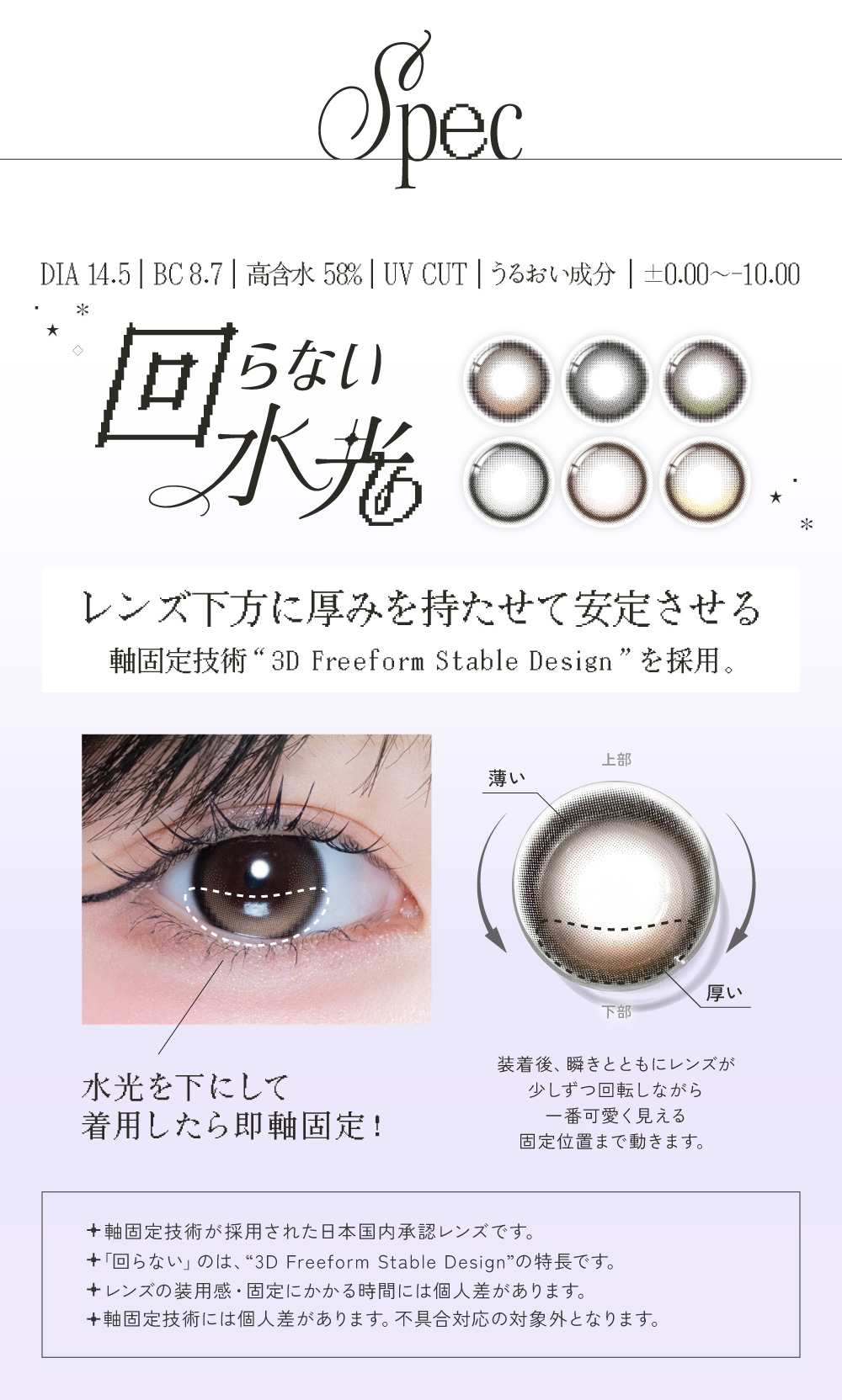 スペック DIA 14.5 BC 8.7 高含水 58％ UV CUT うるおい成分 ±0.00〜-10.00 回らない水光