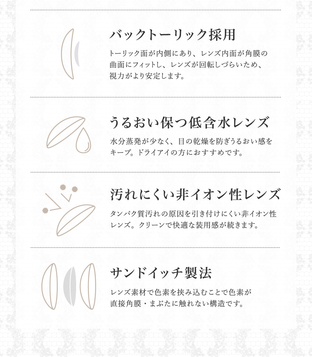 バックトーリック採用 うるおい保つ低含水レンズ 汚れにくい非イオン性レンズ サンドイッチ製法