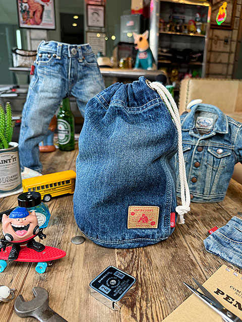 アライヤン　デニム　巾着　（Mサイズ）　岡山産デニム　MADE IN JAPAN　デニム　ドロストポーチ ■ アメリカン雑貨 アメリカ雑貨 | 