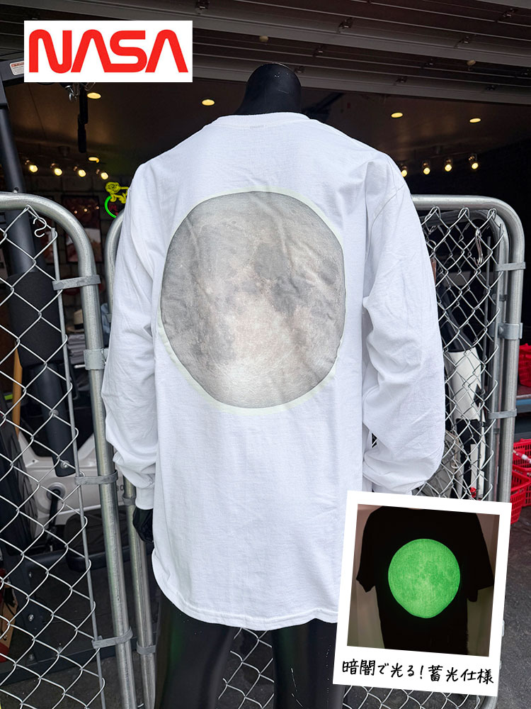 暗闇で光る！蓄光仕様　NASA　ムーン　オフィシャル　ロングスリーブTシャツ　（ホワイト）　ロンT ■ アメリカン雑貨 アメリカ雑貨 | 