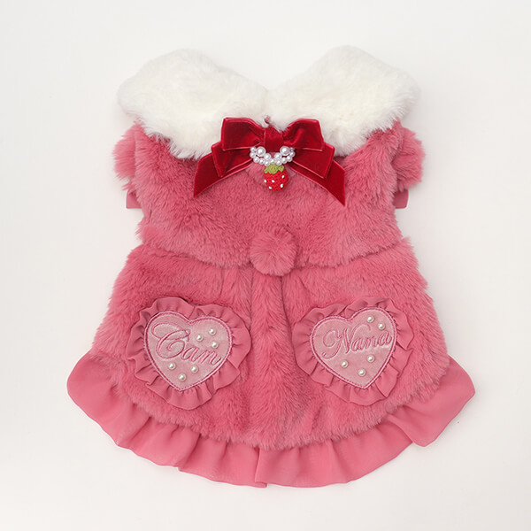CanNana 犬 服 犬の服 冬 ブローチ付冬いちごファーコート 丸襟 ハート
