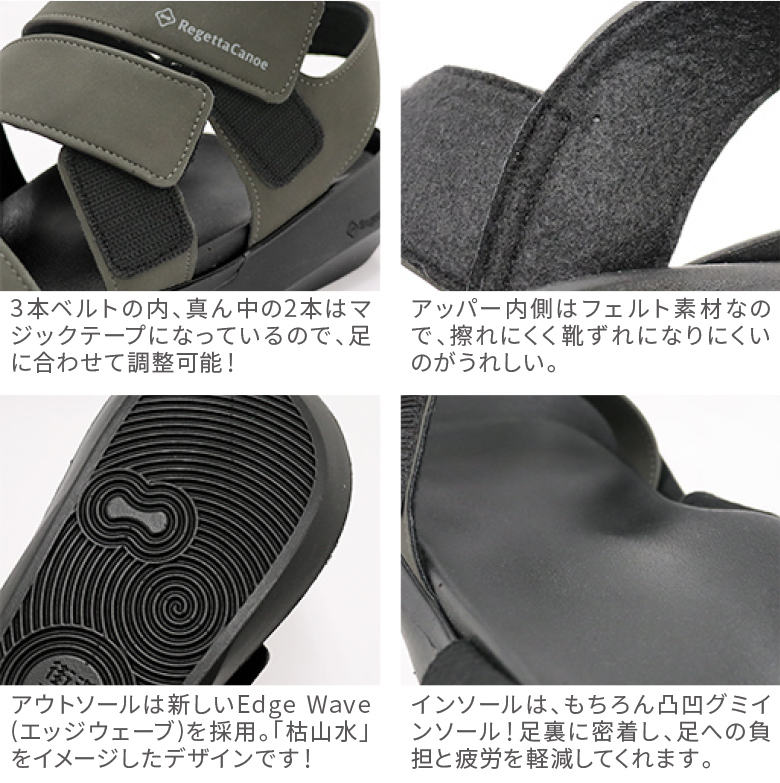 リゲッタ カヌー メンズ サンダル CJEW7604 黒ソール 3本ベルト バックベルト シンプル カジュアル 歩きやすい 軽い かっこいい 日本製｜canoe-trico｜12