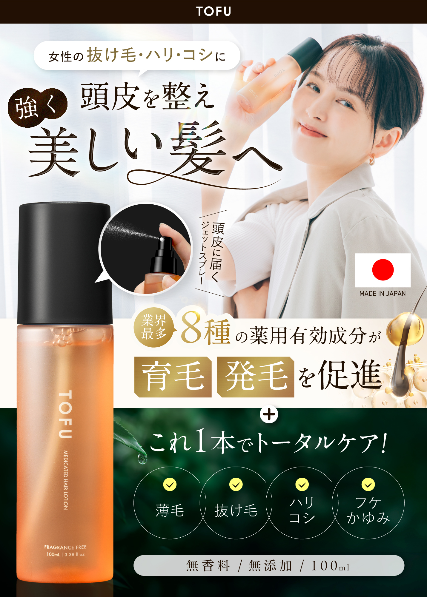 育毛剤 女性用 薬用ヘアローション 8つの有効成分 発毛促進 薄毛