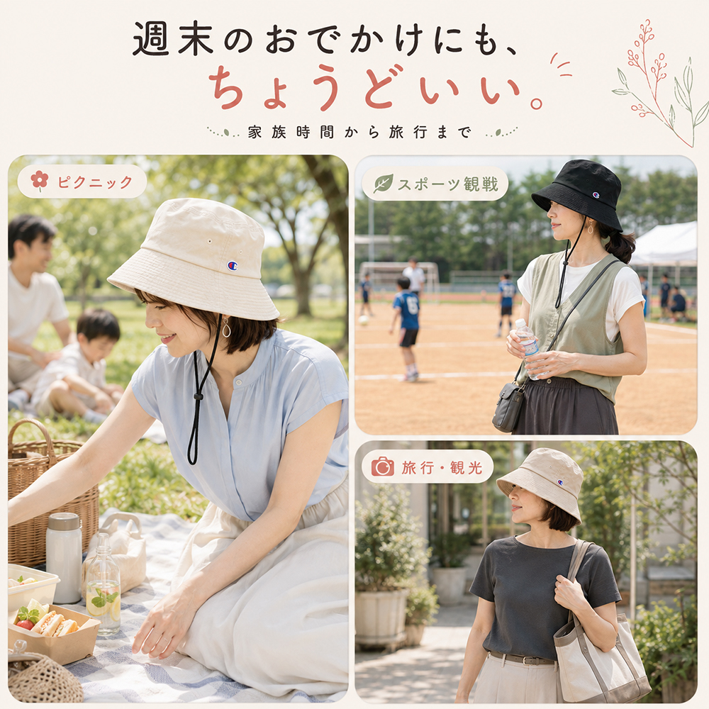 紐付き バケットハット 深め ツバ長
