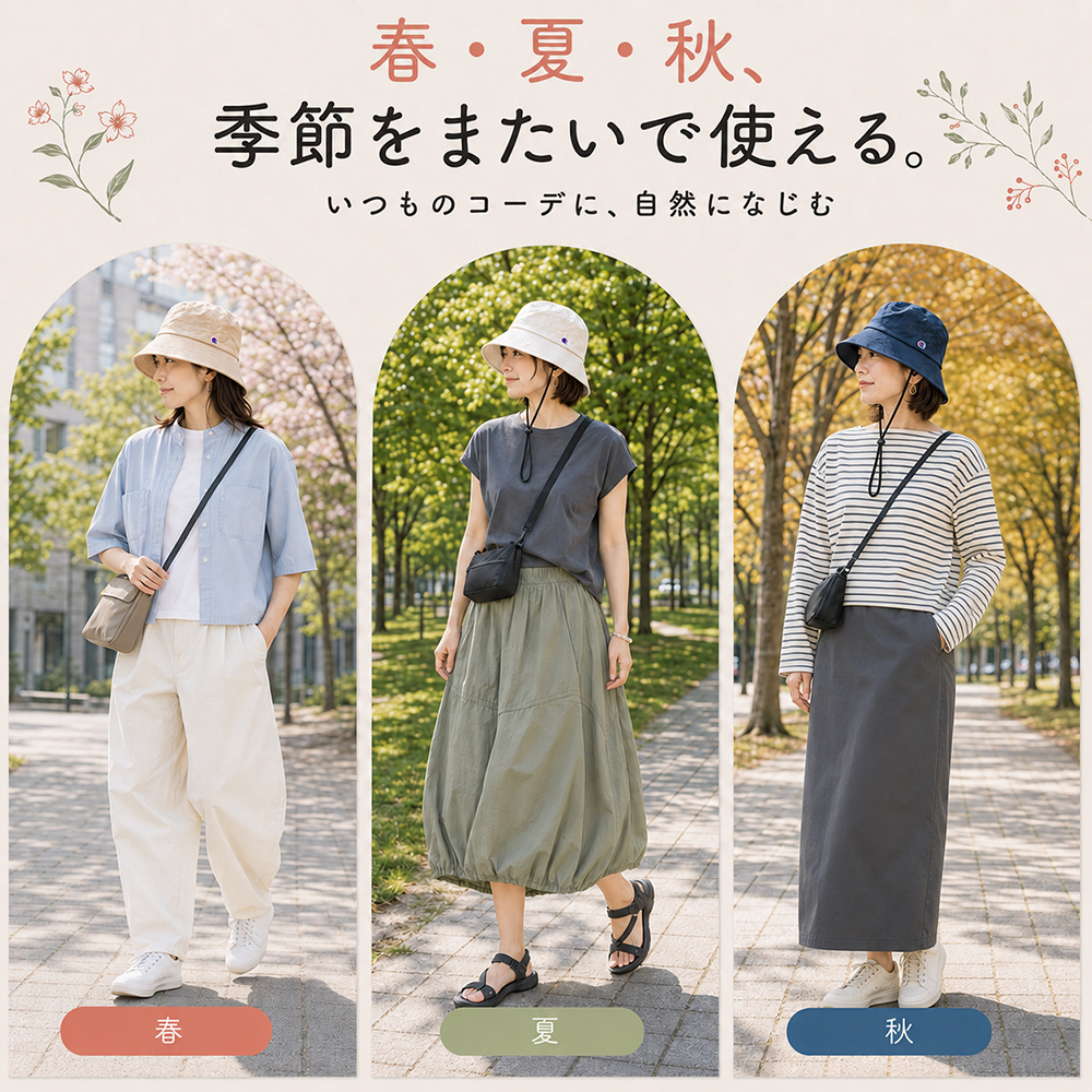 紐付き バケットハット 深め ツバ長