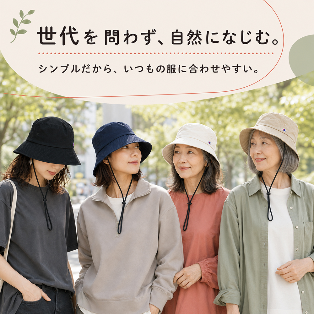 紐付き バケットハット 深め ツバ長