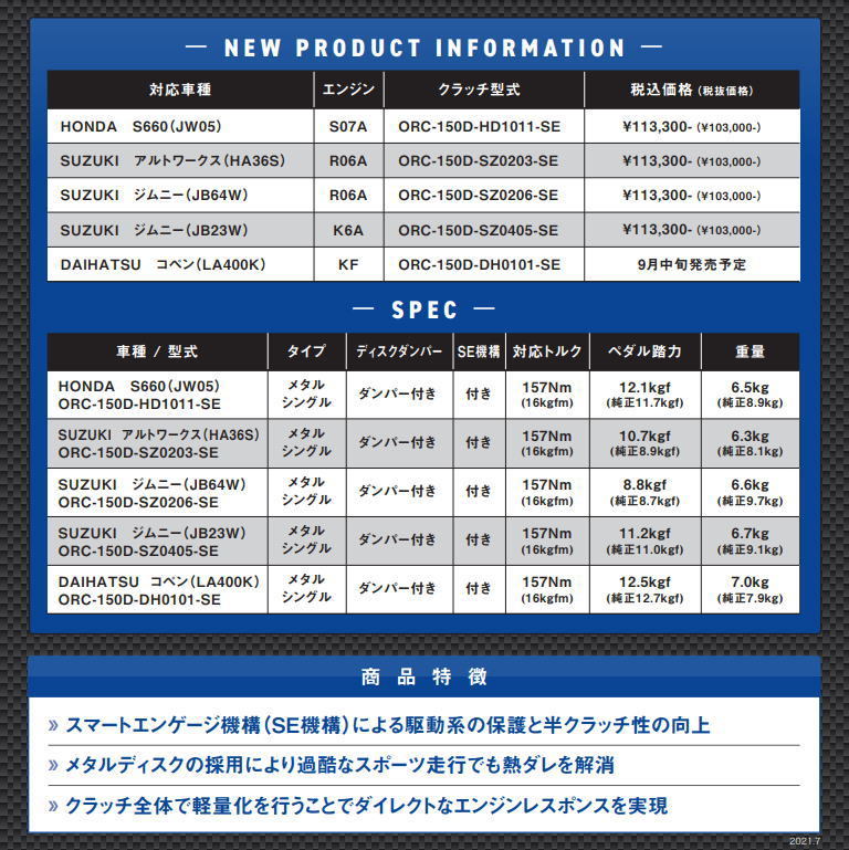 コペン LA400K(KFターボ) ORC メタルシングルSEクラッチ ORC-150D