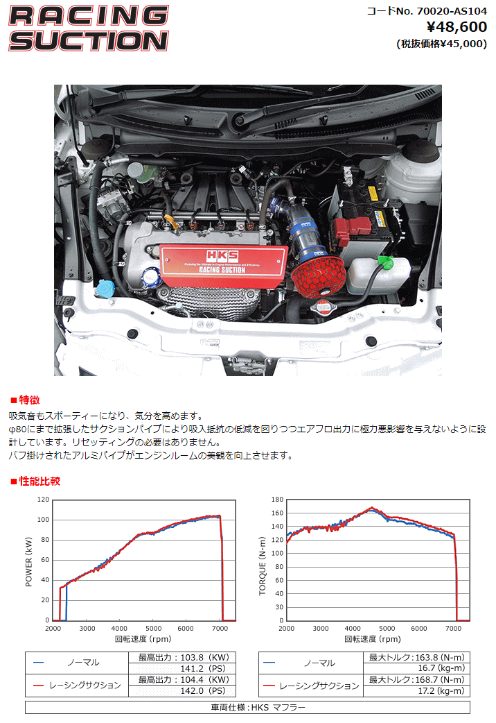 HKS レーシングサクション 70020-AS104 スイフトスポーツ ZC32S エア