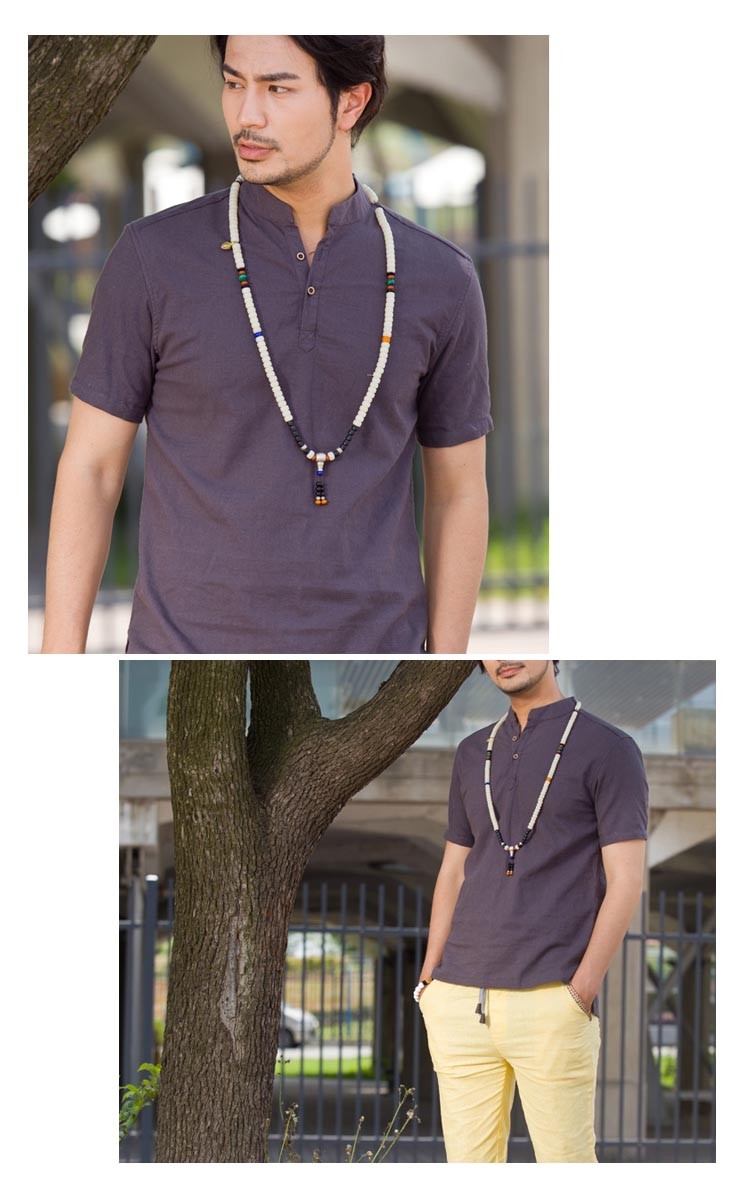 新作メンズリネンシャツ立ち襟麻生地綿麻チャイナ風tシャツ半袖ナチュラル服無地 奉呈