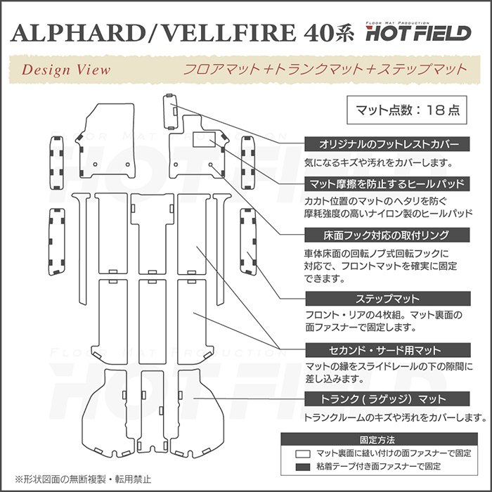 トヨタ 新型 アルファード ヴェルファイア 40系 フロアマット＋ステップマット＋トランクマット ラゲッジマット ジェネラル HOTFIELD 光触媒抗菌加工 送料無料