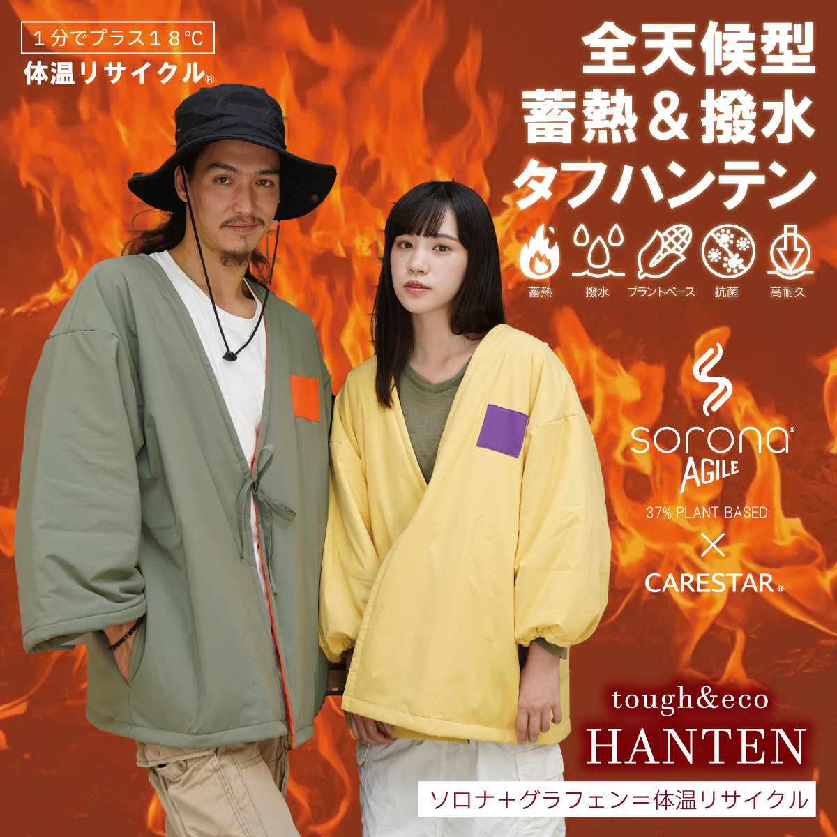 1分でプラス18℃まで暖くなる撥水加工のタフなハンテン1