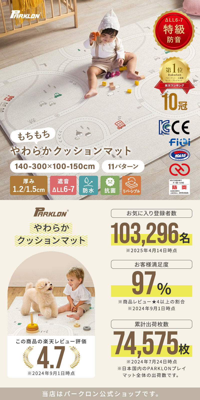 PARKLON プレイマット ベビーマット やわらかクッションマット