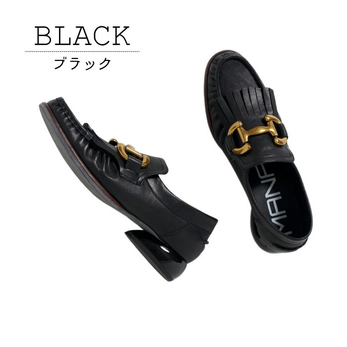 【美品】MANA マナ ビットローファー 厚底 チャンキーヒール 本革 37 黒 MANA（マナ） ローファー レディース ビット フリンジ ブラック