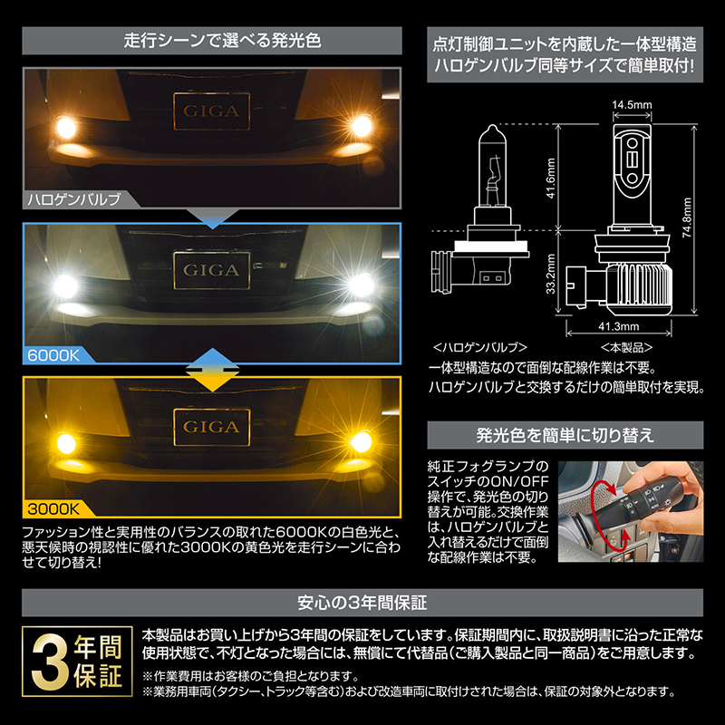 車 LED LEDカラー 2色切り替え フォグランプ BW5161 GIGA LED