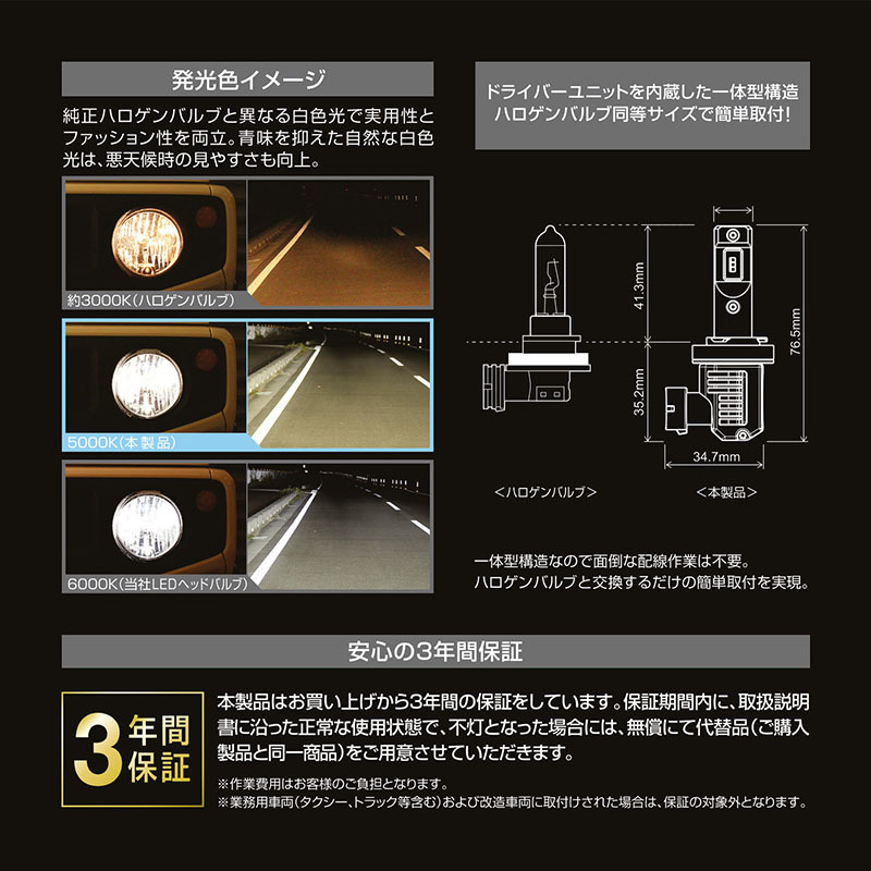 車 LEDヘッドバルブ LEDヘッド&フォグバルブ C3600 5000K H8/9/11/16