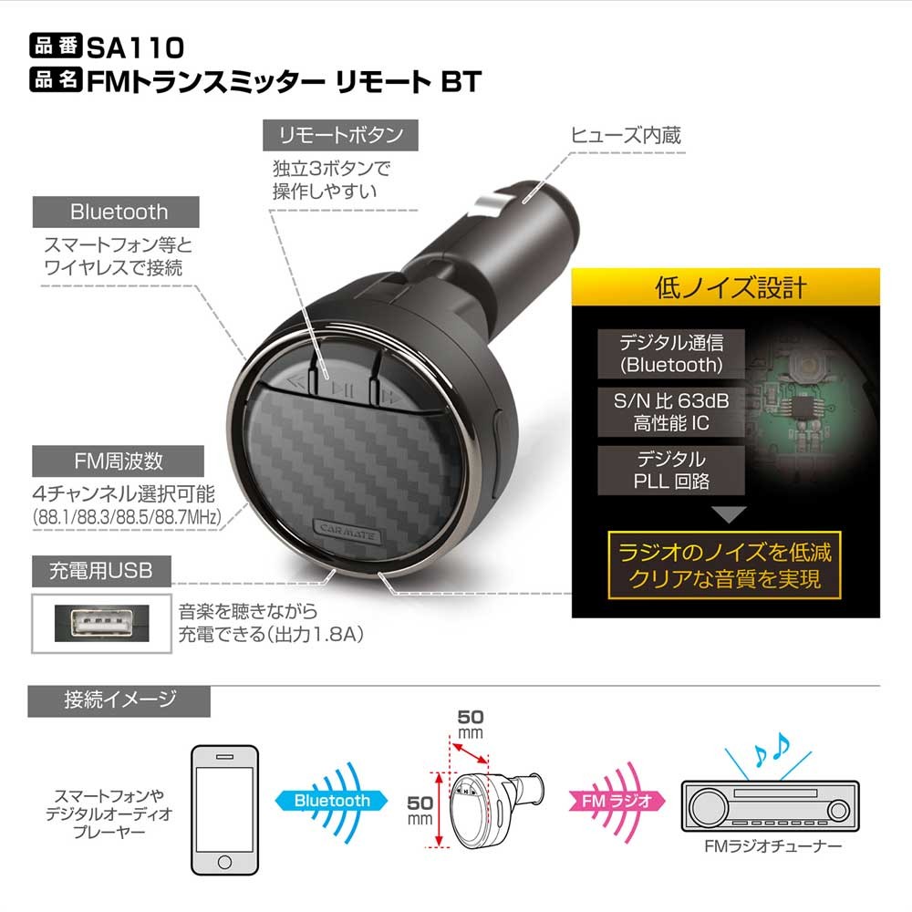 カーメイトSA110FMトランスミッターリモートBTリモート機能&充電ポート1.8A付高音質FMトランスミッター 