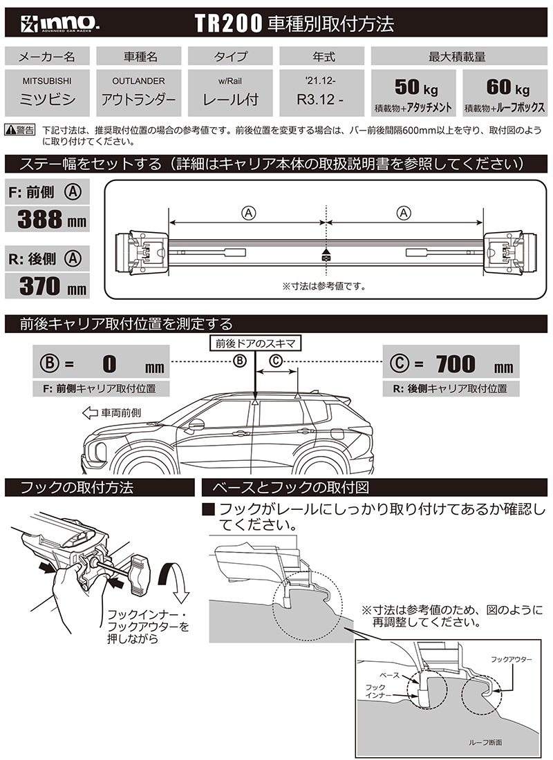 ミツビシ アウトランダー R3.12〜 GN0W フラッシュレール付 車 ルーフ