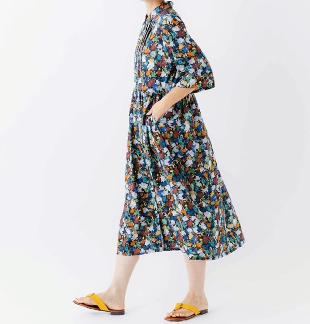 sosotto ソソット LIBERTYPRINTチビ衿ピンタック前開きワンピース 総柄