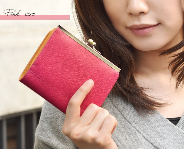 ピンク レザー 二つ折り財布 ロゴ付き がま口 公式限定】Lux ルクス イタリアンエナメル がま口 二つ折り財布