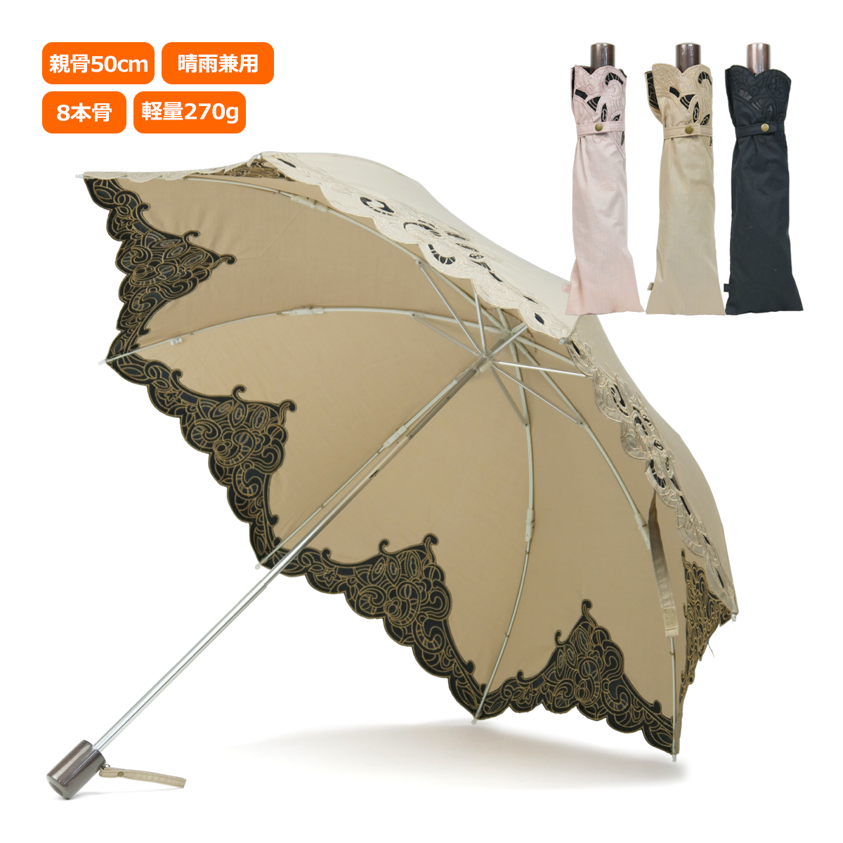 日傘 折りたたみ傘 おすすめ 晴雨兼用 レディース レディス 軽量 おしゃれ UV 50cm 8本骨 オーガンジーレース エンブロイダリー