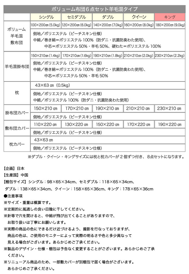 キング 羊毛混タイプ 厚さ15cmボリューム敷き布団 8点セット 布団セット｜casarior｜18