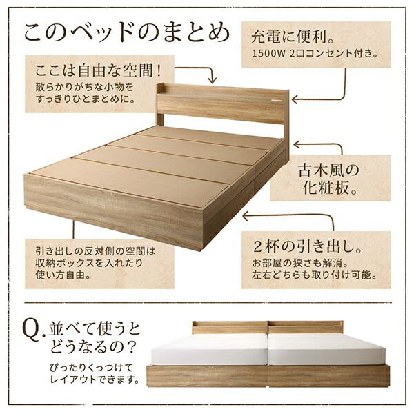 ヴィンテージデザイン 棚 コンセント付き収納ベッド 国産カバー