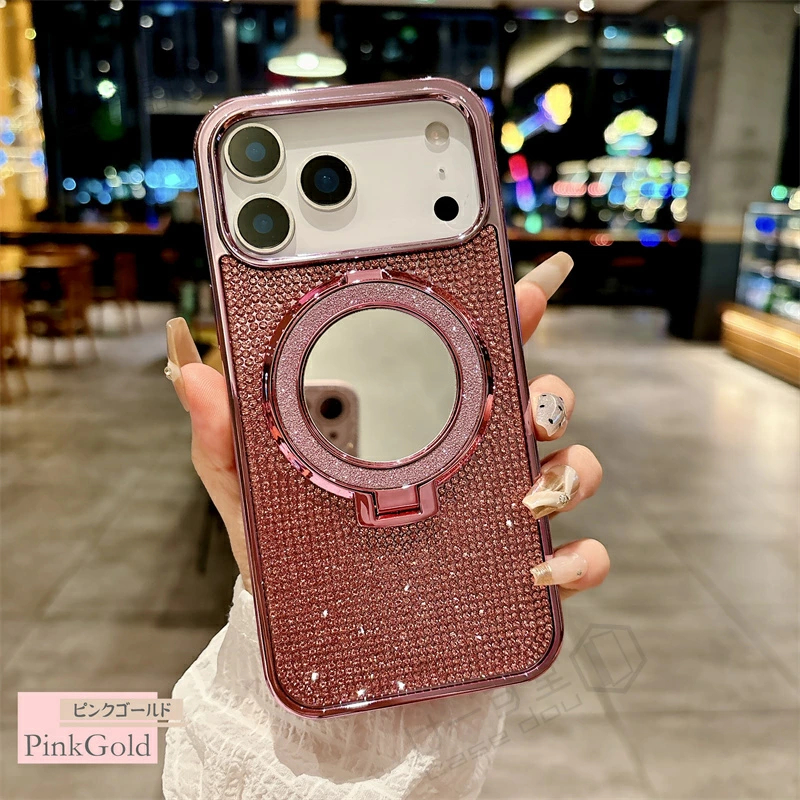鏡付き iPhoneケース キラキラ MagSafe対応 大人かわいい ライン