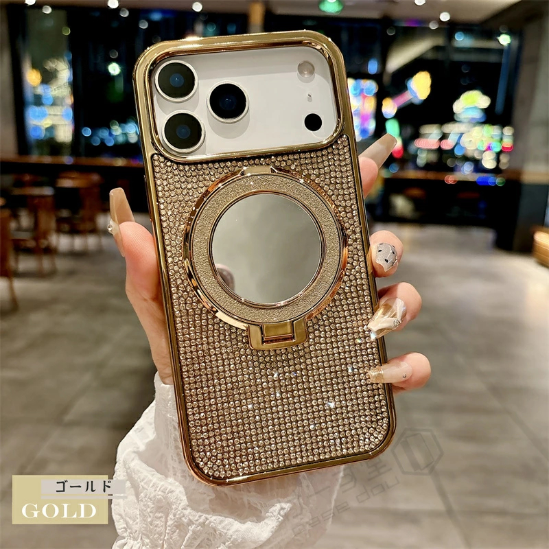 鏡付き iPhoneケース キラキラ MagSafe対応 大人かわいい ライン